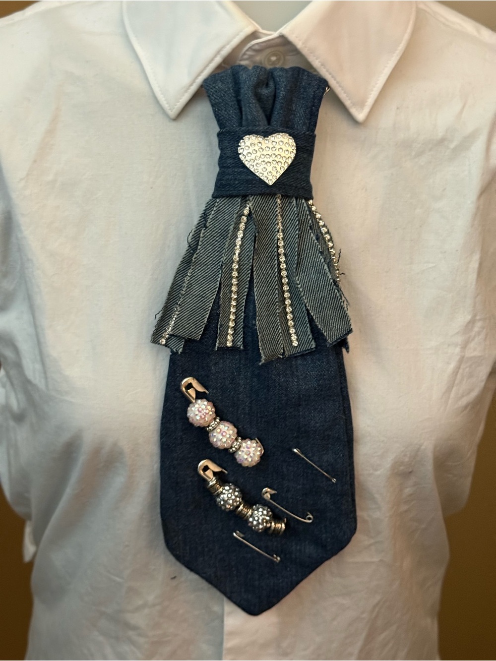 Denim Statement Tie with Rhinestone Heart Accent